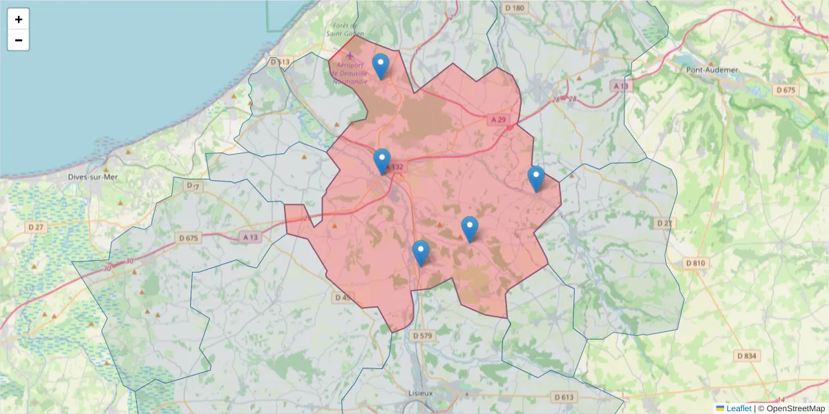 Carte de la zone du code postal  et des codes postaux voisins en France