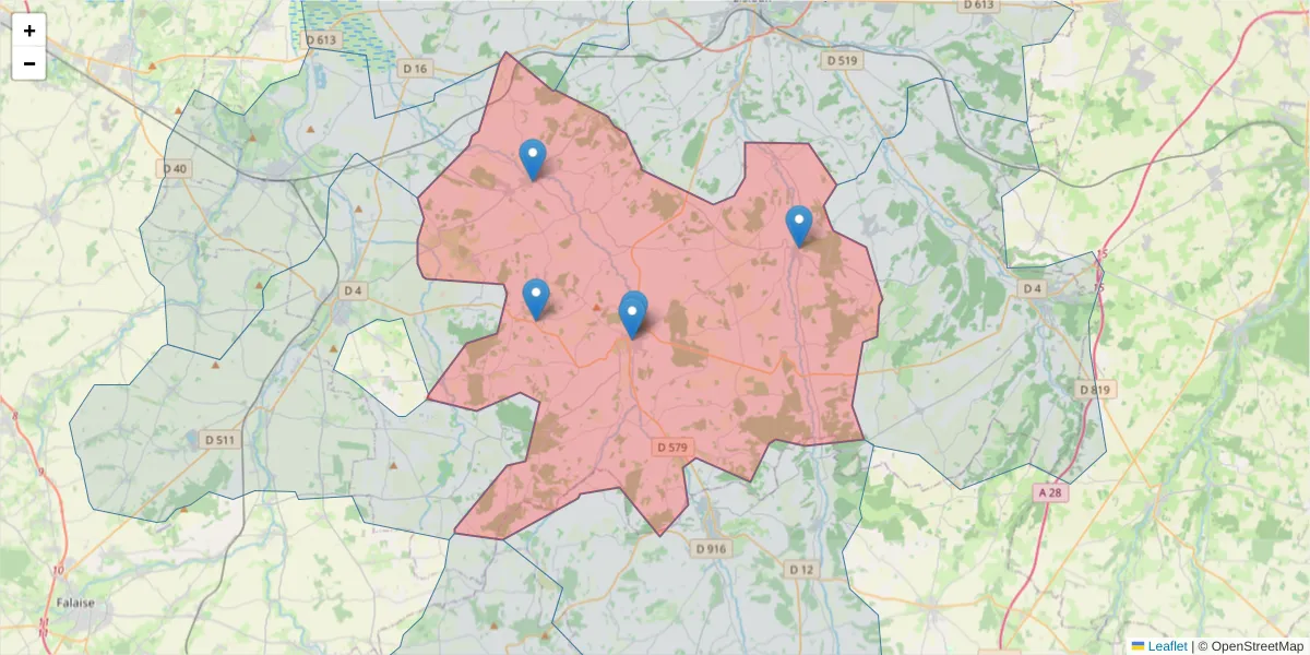 Carte de la zone du code postal  et des codes postaux voisins en France