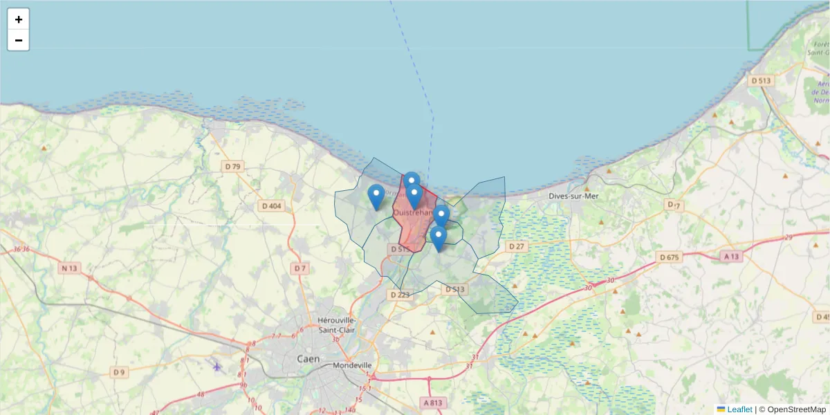 Carte de la zone du code postal  et des codes postaux voisins en France