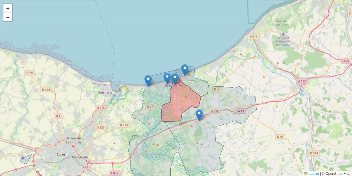 Carte de la zone du code postal  et des codes postaux voisins en France