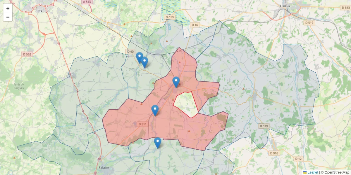 Carte de la zone du code postal  et des codes postaux voisins en France