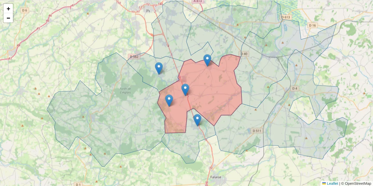 Carte de la zone du code postal  et des codes postaux voisins en France