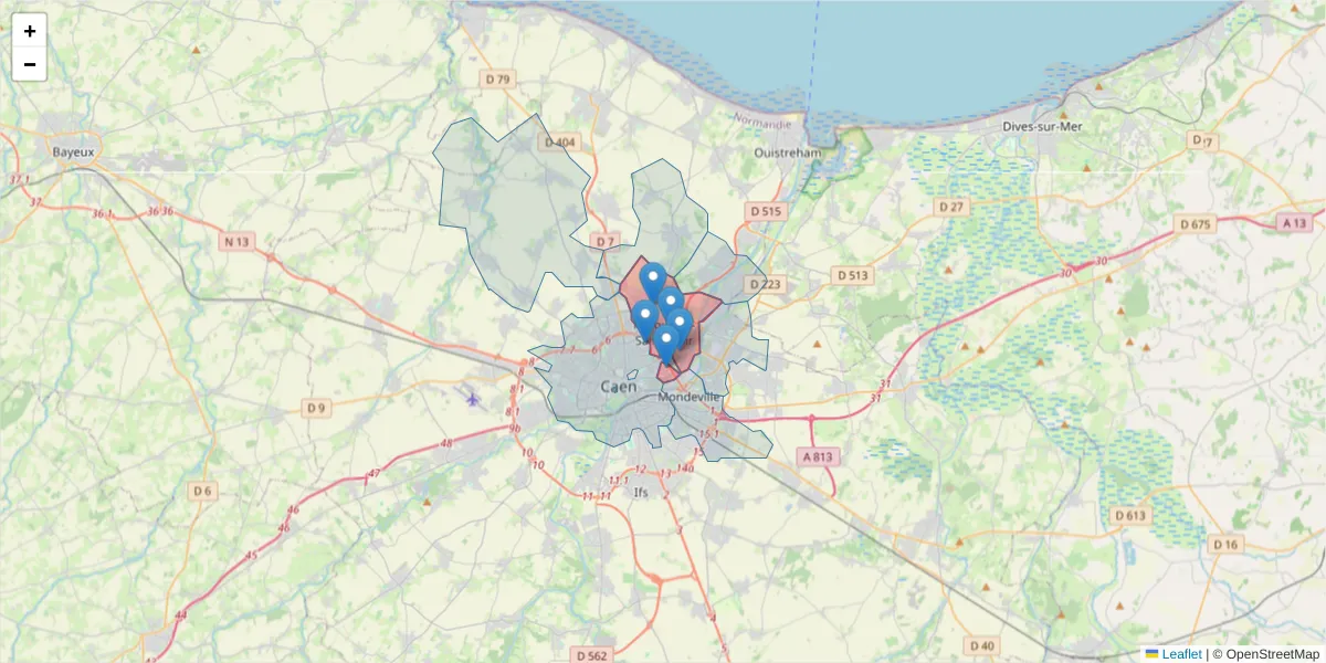 Carte de la zone du code postal  et des codes postaux voisins en France