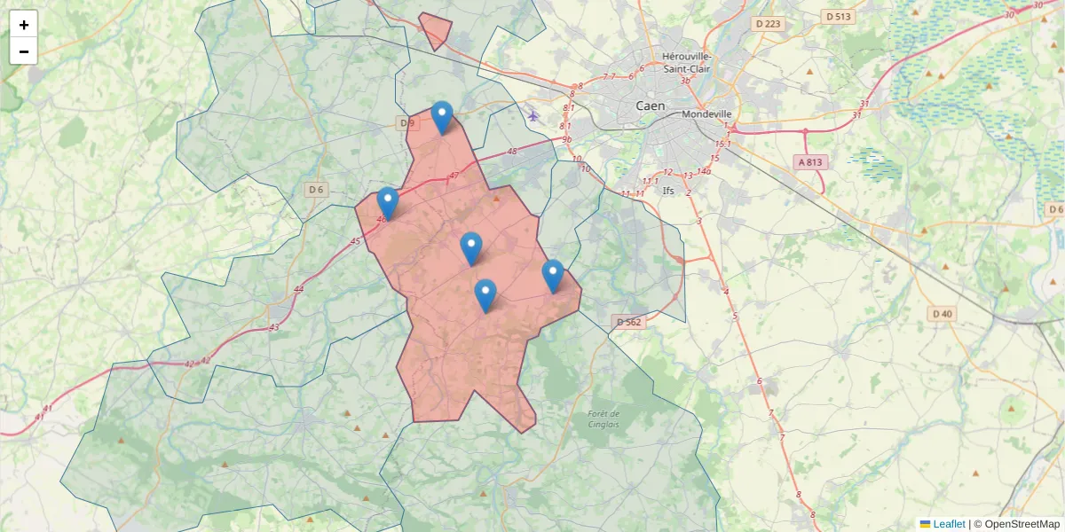 Carte de la zone du code postal  et des codes postaux voisins en France