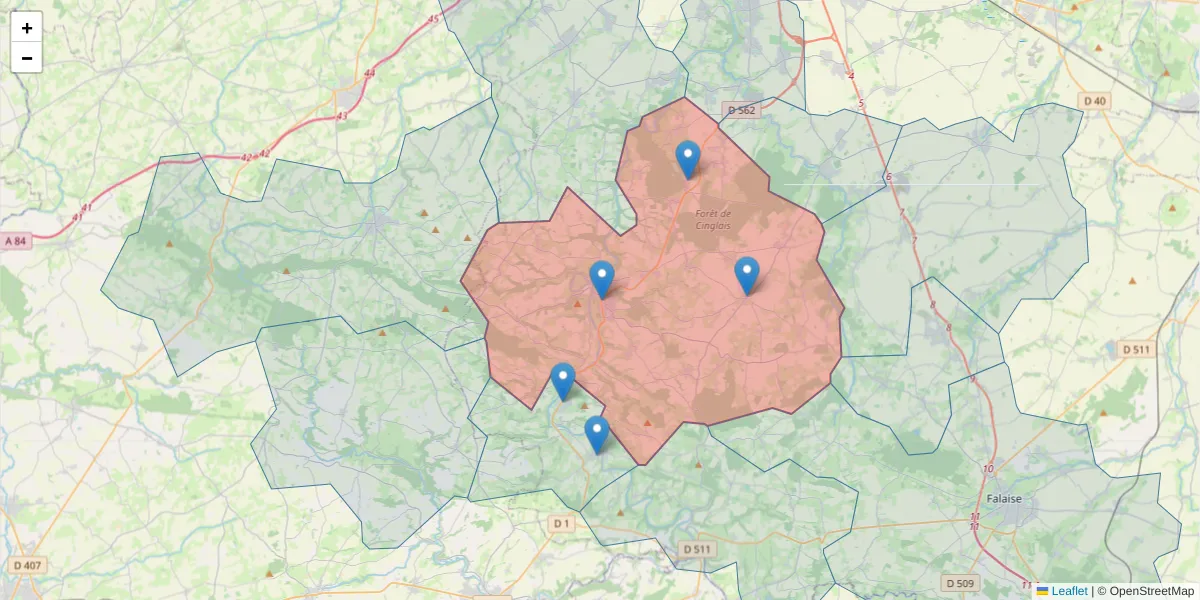Carte de la zone du code postal  et des codes postaux voisins en France