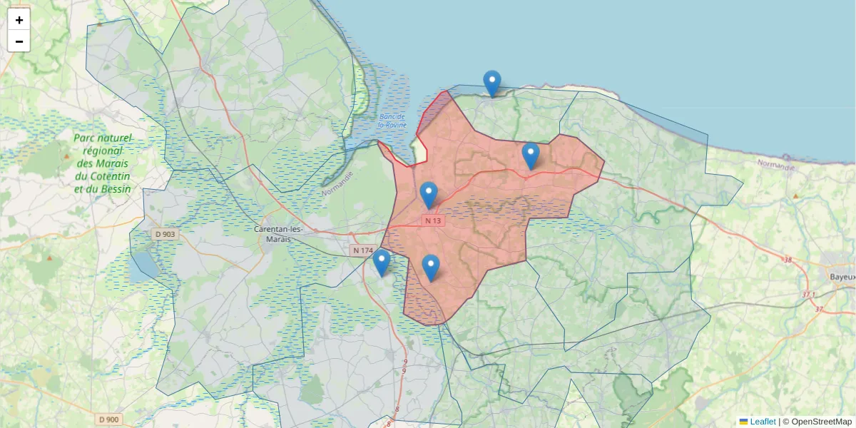 Carte de la zone du code postal  et des codes postaux voisins en France