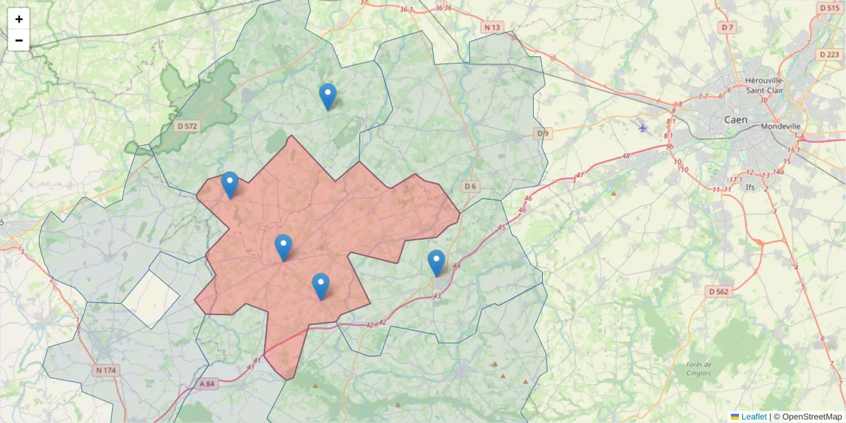 Carte de la zone du code postal  et des codes postaux voisins en France
