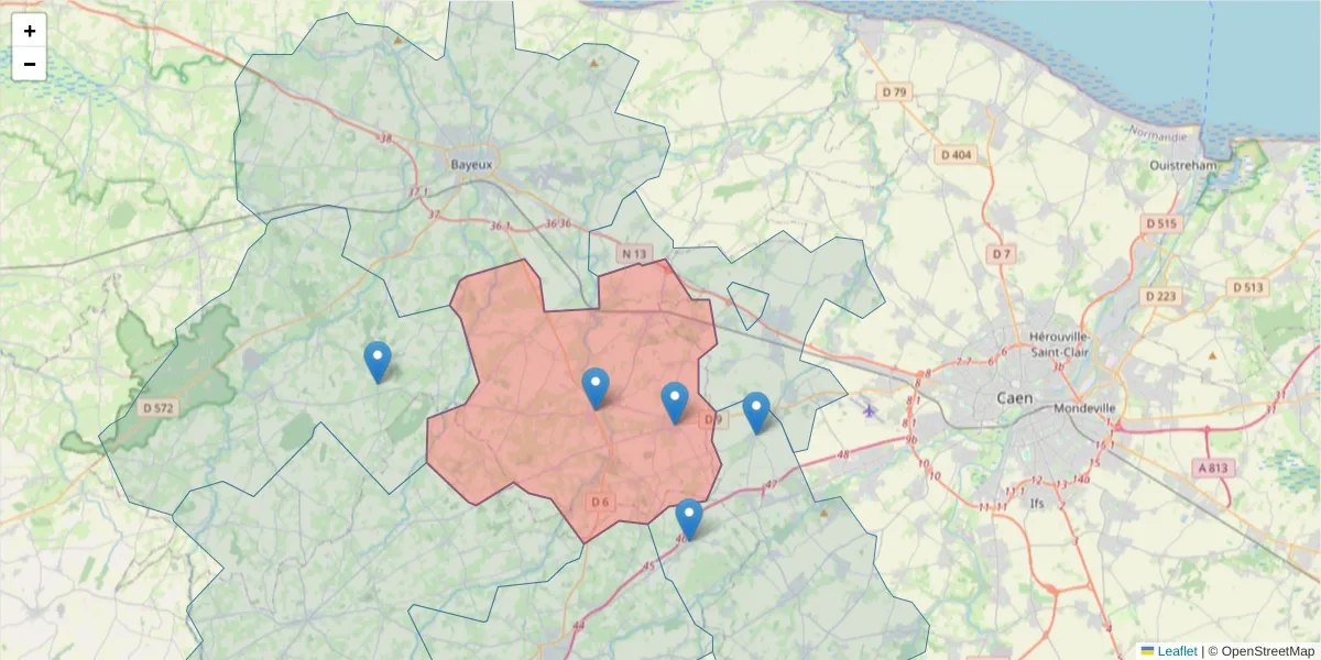 Carte de la zone du code postal  et des codes postaux voisins en France