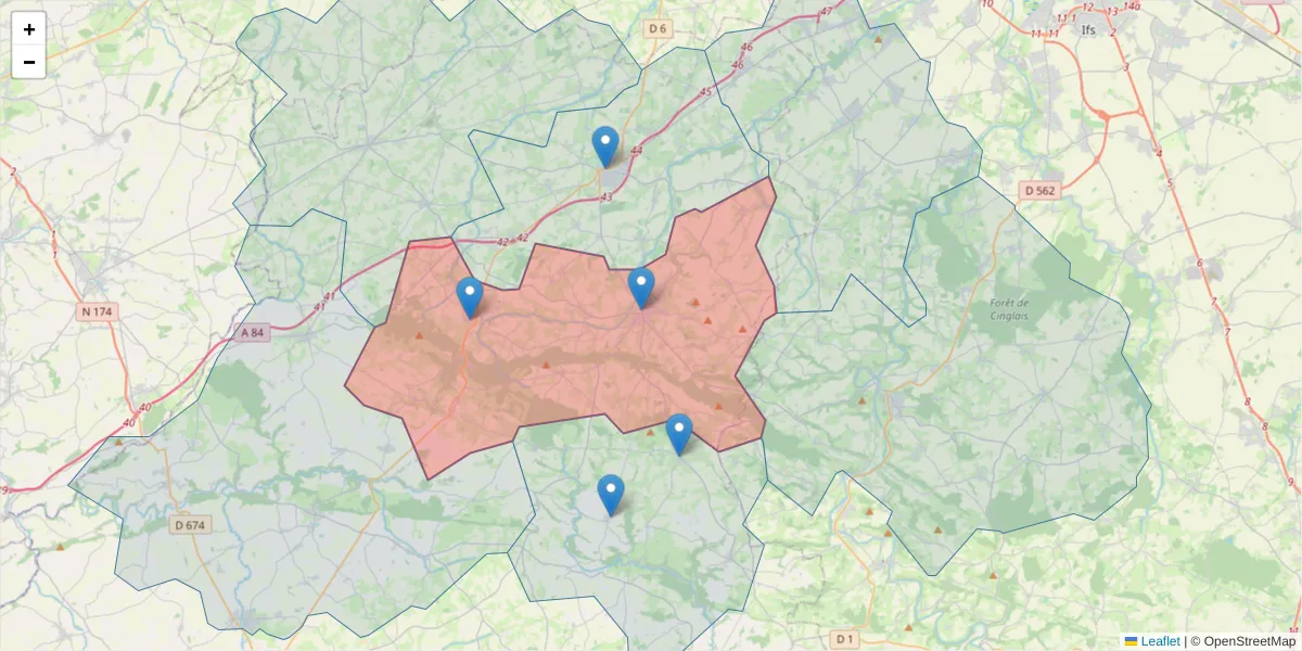 Carte de la zone du code postal  et des codes postaux voisins en France