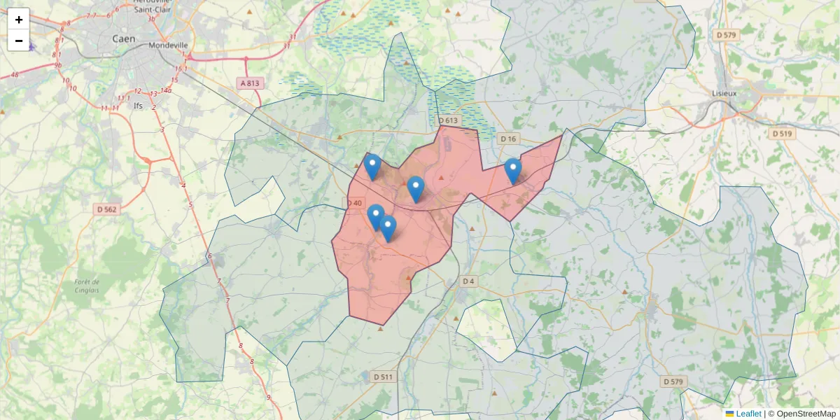 Carte de la zone du code postal  et des codes postaux voisins en France
