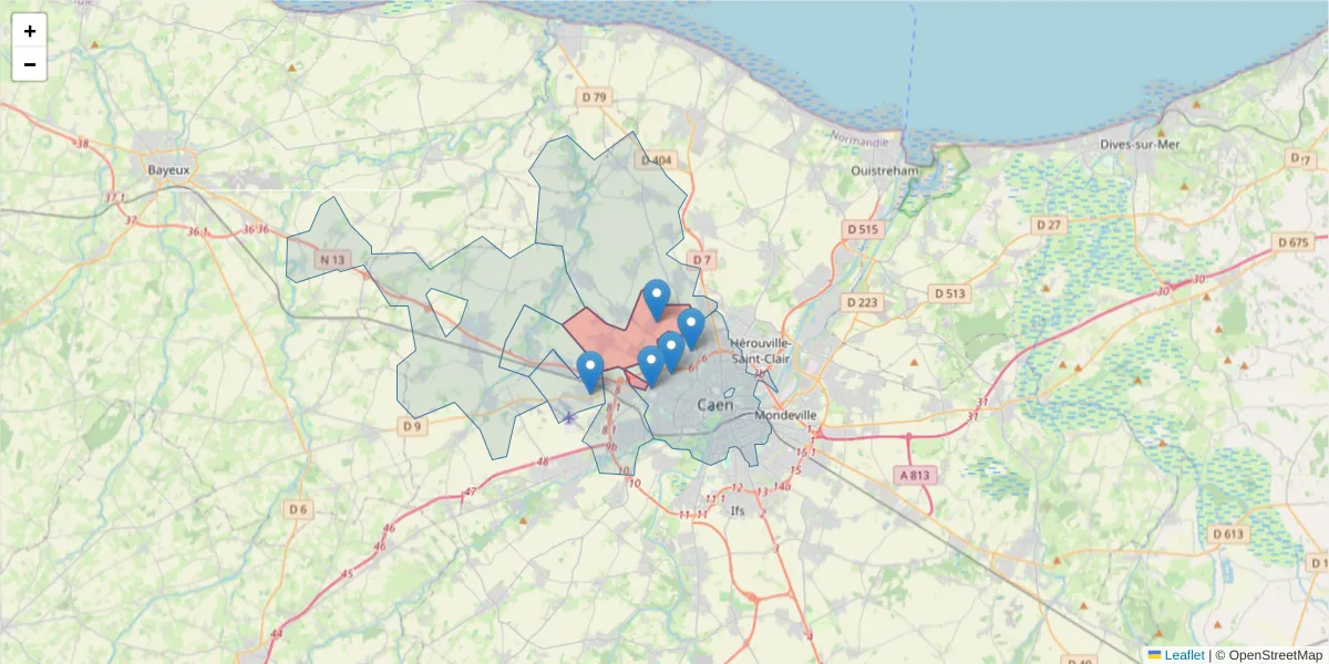 Carte de la zone du code postal  et des codes postaux voisins en France