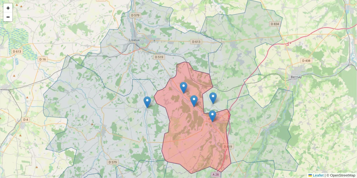 Carte de la zone du code postal  et des codes postaux voisins en France