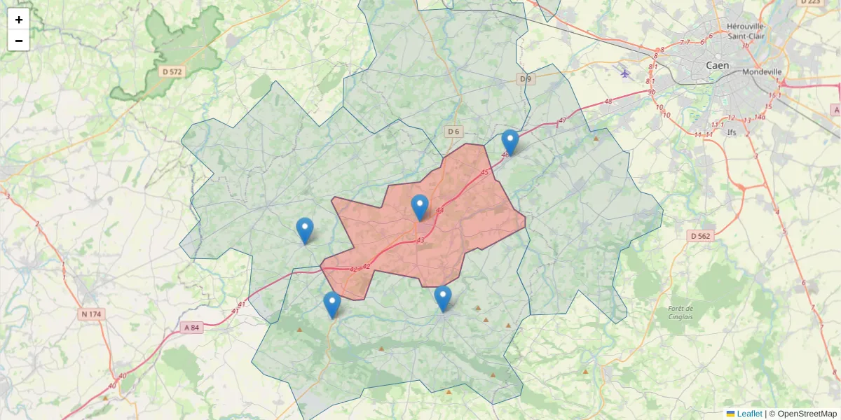 Carte de la zone du code postal  et des codes postaux voisins en France