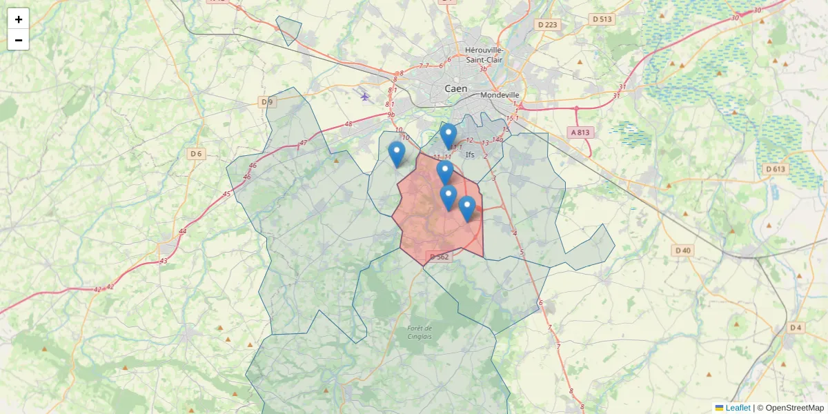 Carte de la zone du code postal  et des codes postaux voisins en France