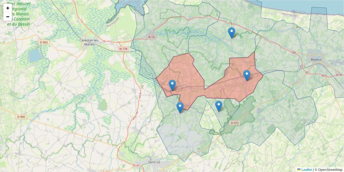 Carte de la zone du code postal  et des codes postaux voisins en France