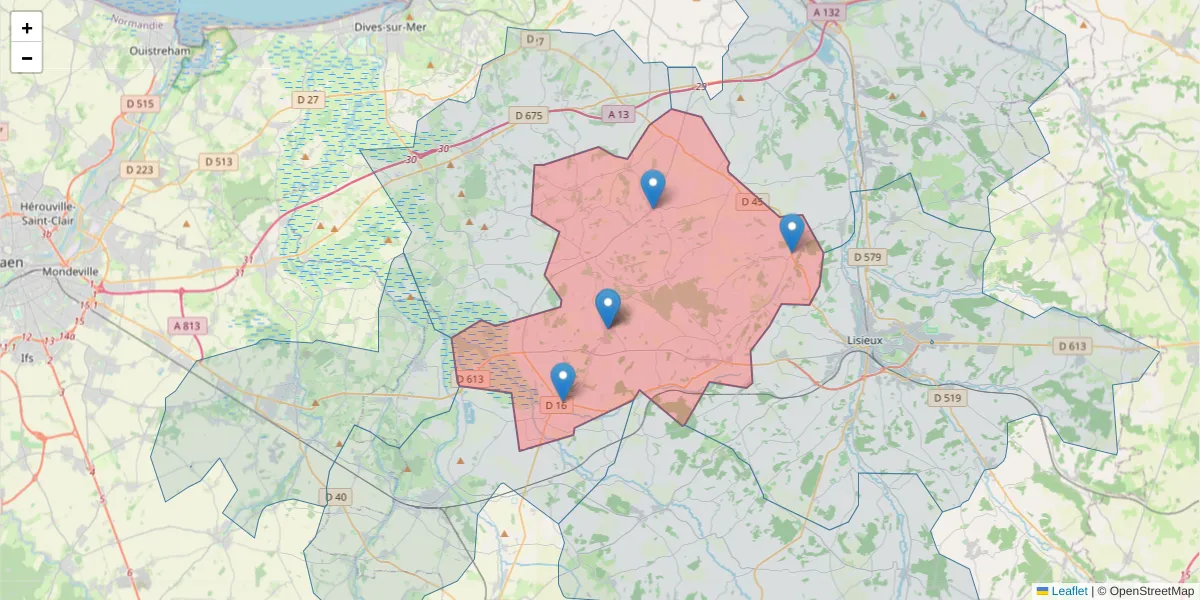 Carte de la zone du code postal  et des codes postaux voisins en France