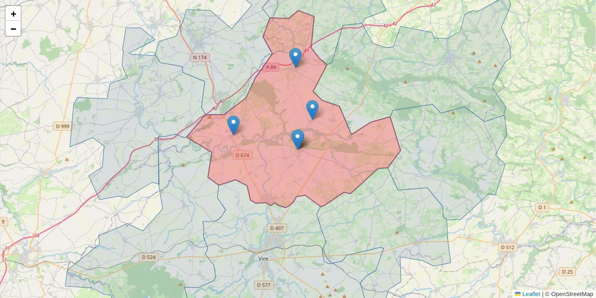 Carte de la zone du code postal  et des codes postaux voisins en France