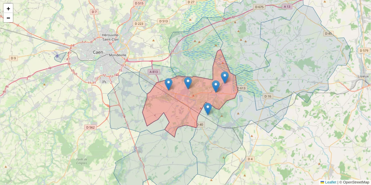 Carte de la zone du code postal  et des codes postaux voisins en France