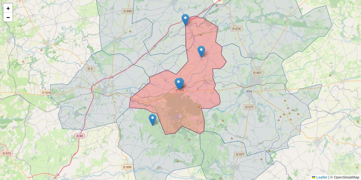 Carte de la zone du code postal  et des codes postaux voisins en France