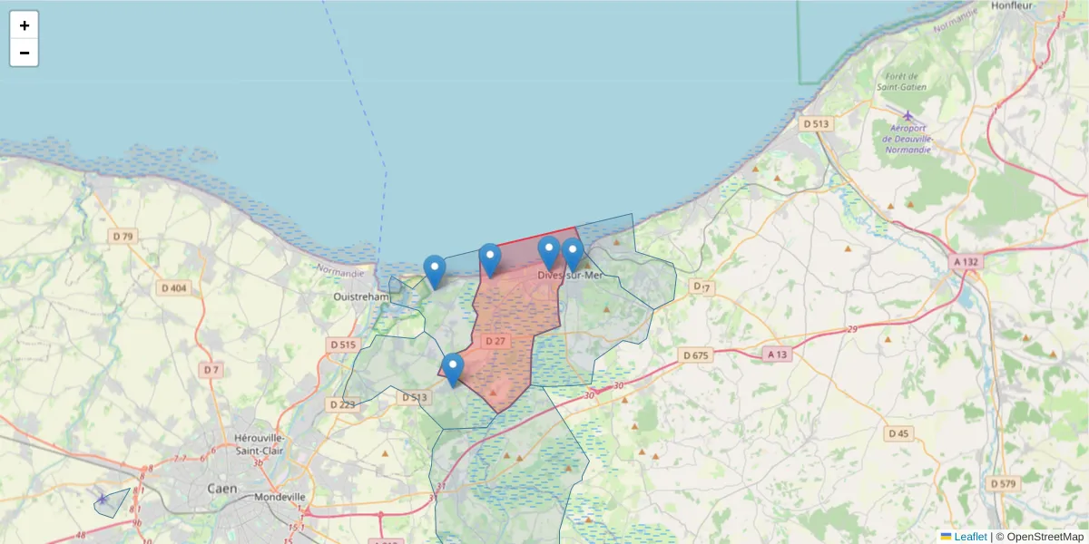 Carte de la zone du code postal  et des codes postaux voisins en France