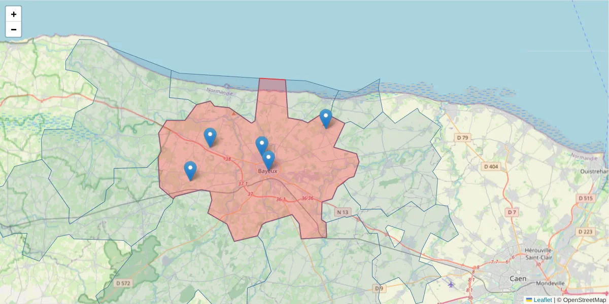Carte de la zone du code postal  et des codes postaux voisins en France