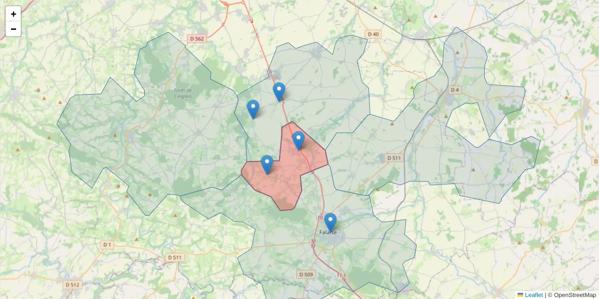 Carte de la zone du code postal  et des codes postaux voisins en France
