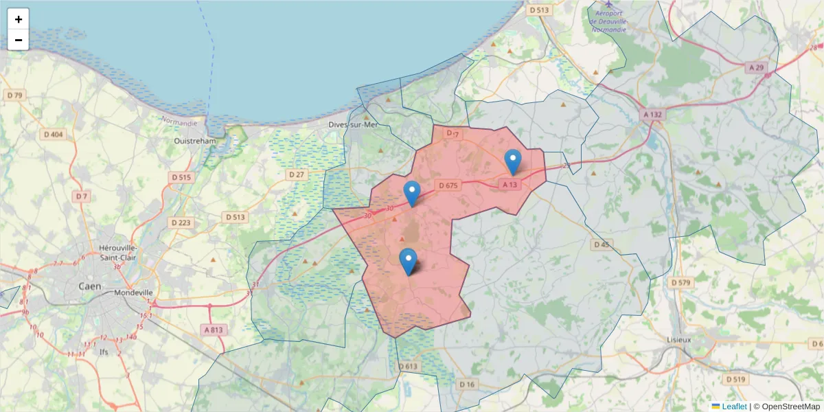 Carte de la zone du code postal  et des codes postaux voisins en France