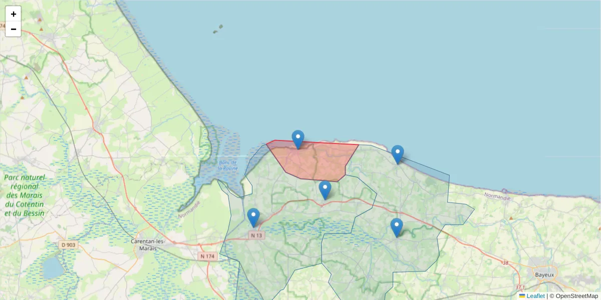 Carte de la zone du code postal  et des codes postaux voisins en France