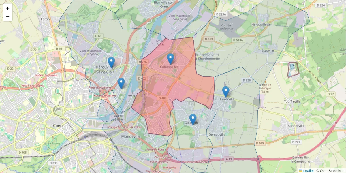Carte de la zone du code postal  et des codes postaux voisins en France