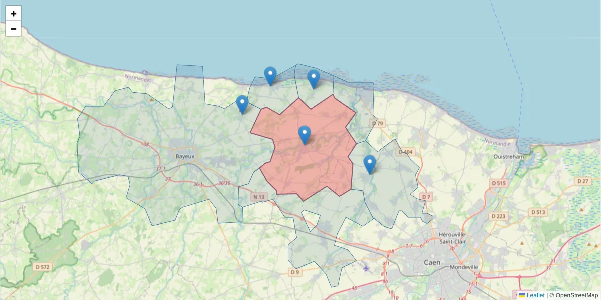 Carte de la zone du code postal  et des codes postaux voisins en France