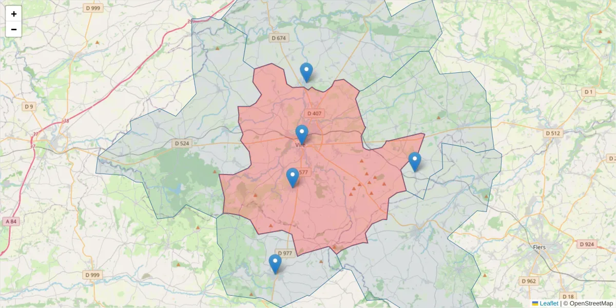 Carte de la zone du code postal  et des codes postaux voisins en France