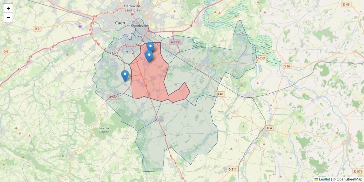 Carte de la zone du code postal  et des codes postaux voisins en France