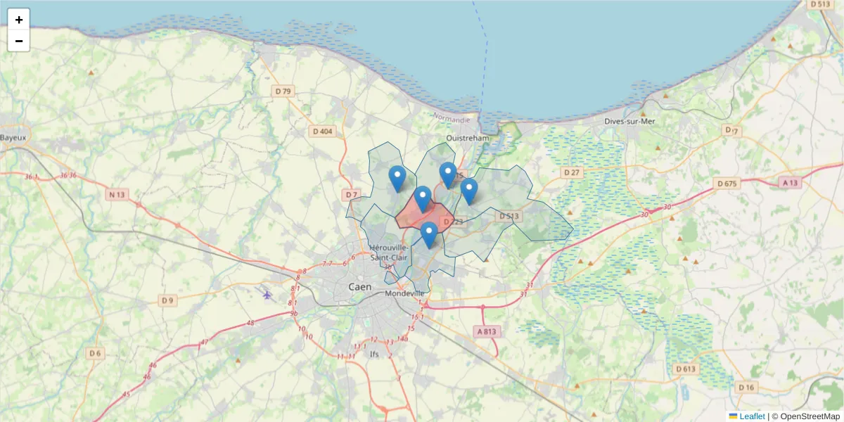 Carte de la zone du code postal  et des codes postaux voisins en France