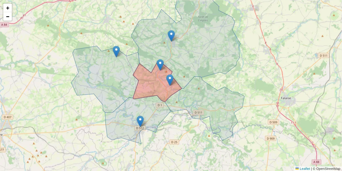 Carte de la zone du code postal  et des codes postaux voisins en France