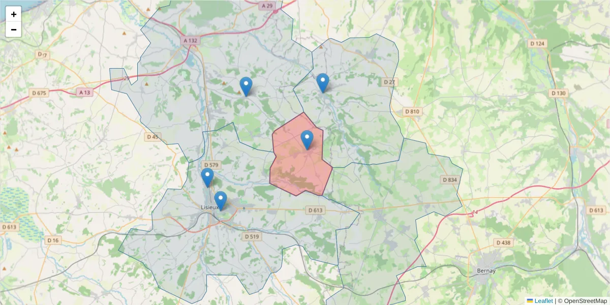 Carte de la zone du code postal  et des codes postaux voisins en France