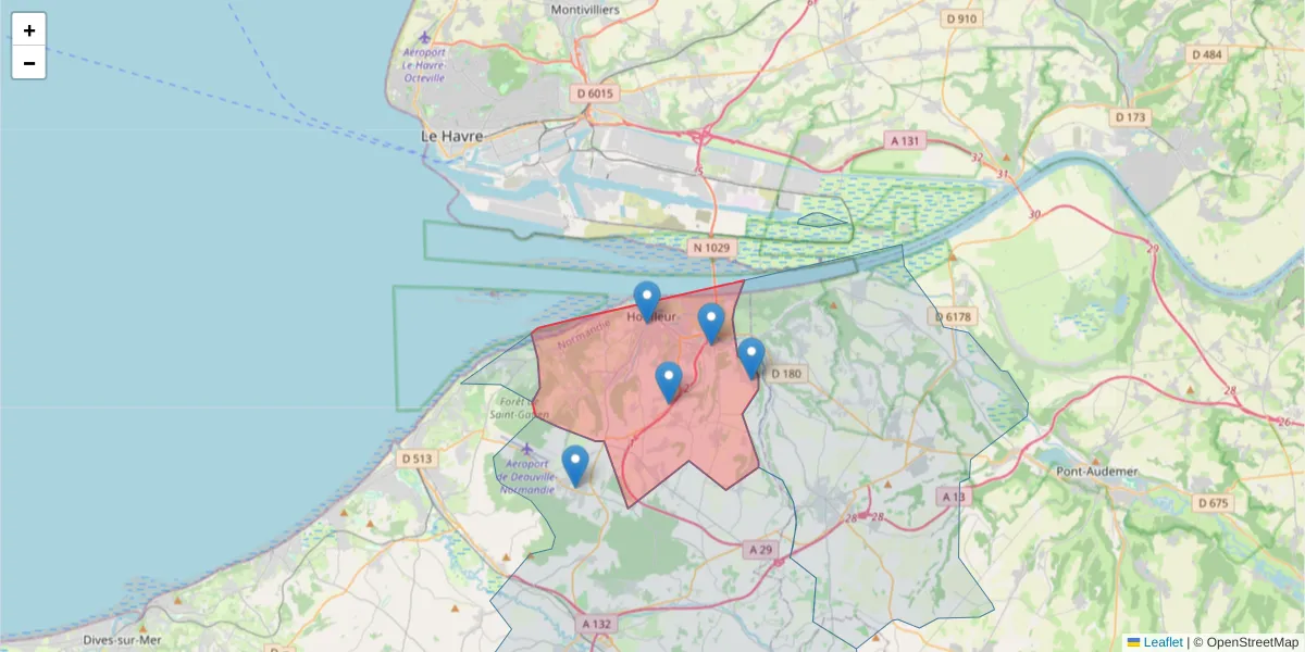 Carte de la zone du code postal  et des codes postaux voisins en France