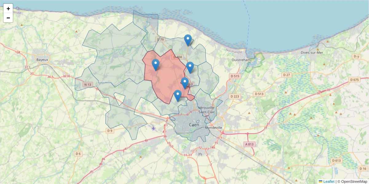 Carte de la zone du code postal  et des codes postaux voisins en France