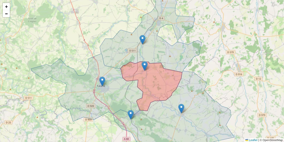 Carte de la zone du code postal  et des codes postaux voisins en France