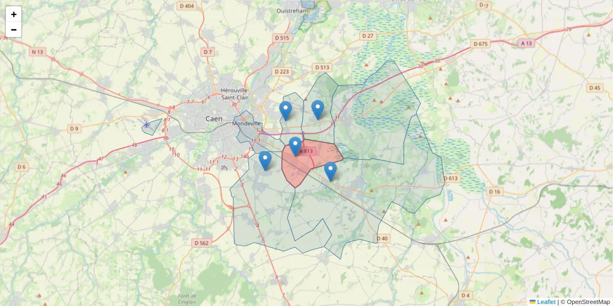 Carte de la zone du code postal  et des codes postaux voisins en France