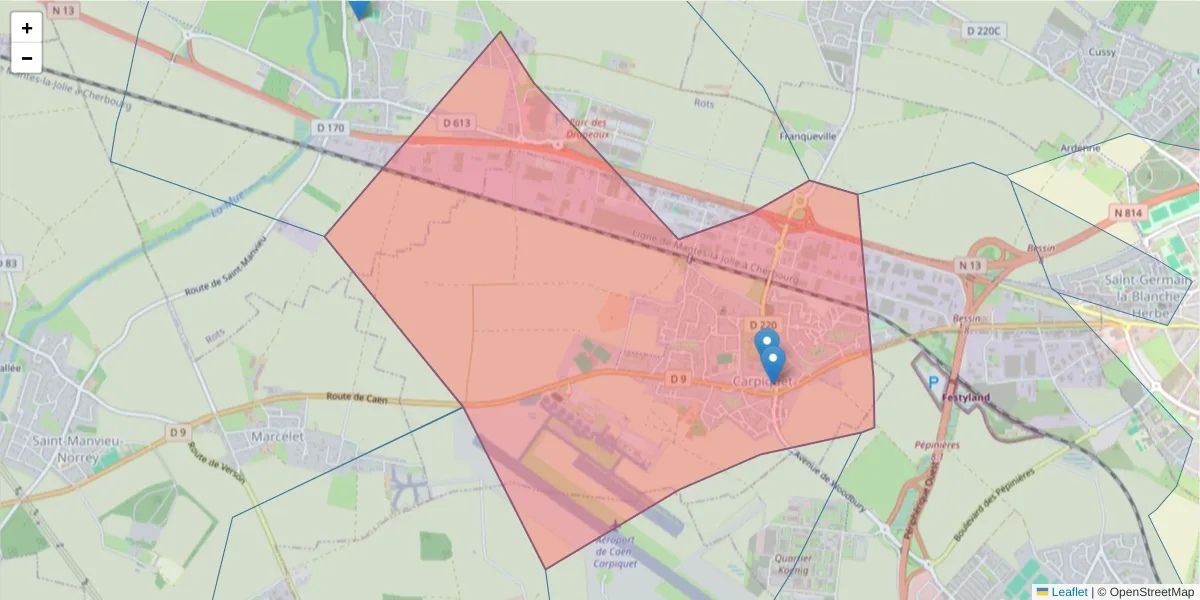 Carte de la zone du code postal  et des codes postaux voisins en France