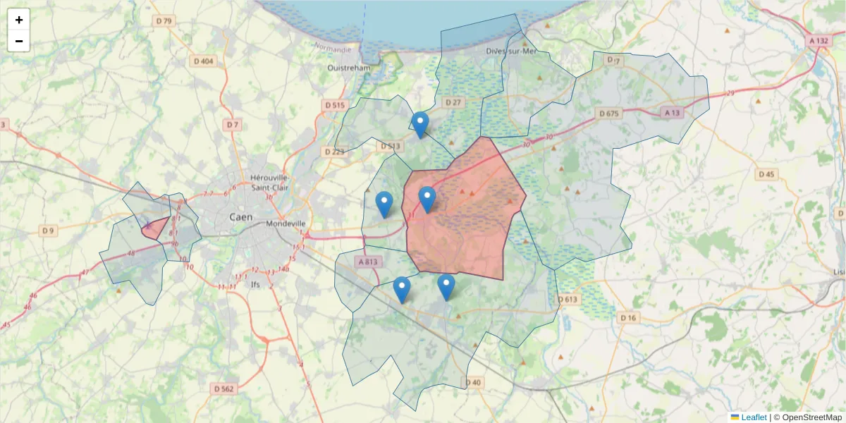 Carte de la zone du code postal  et des codes postaux voisins en France