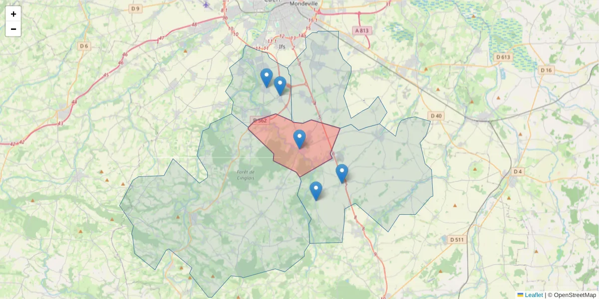 Carte de la zone du code postal  et des codes postaux voisins en France