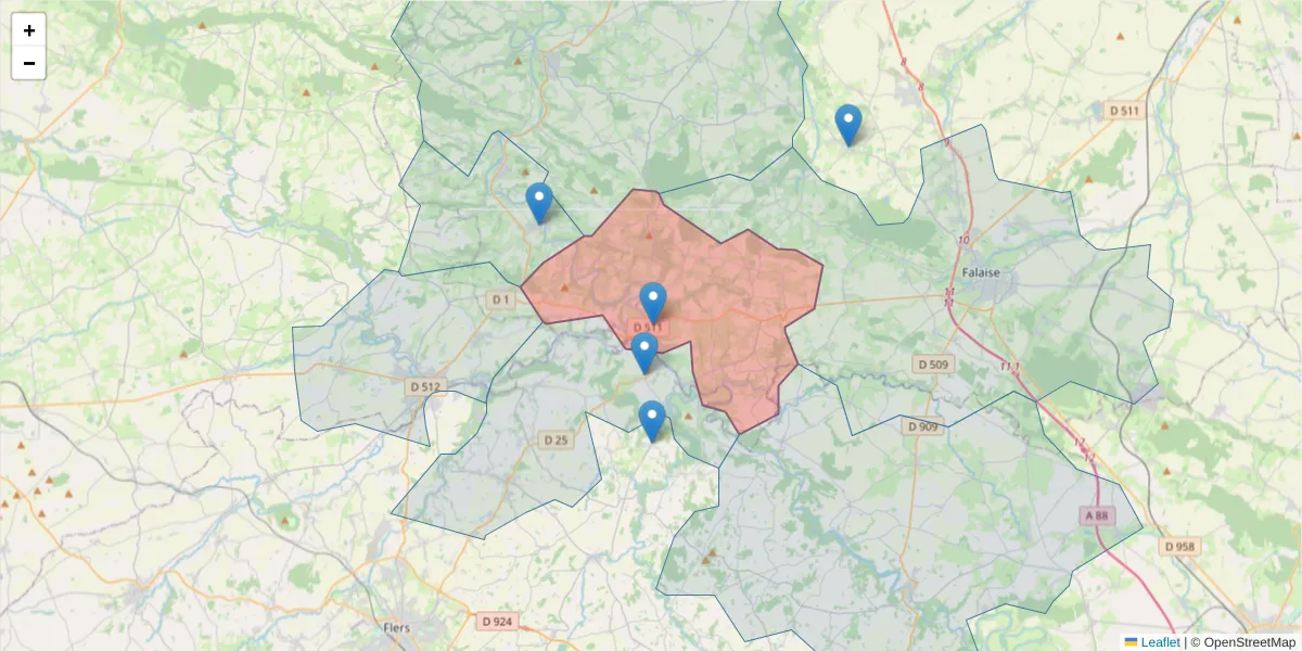 Carte de la zone du code postal  et des codes postaux voisins en France