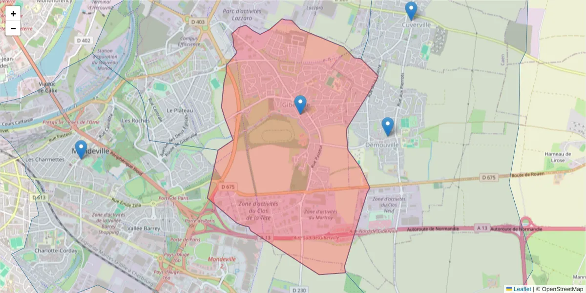 Carte de la zone du code postal  et des codes postaux voisins en France