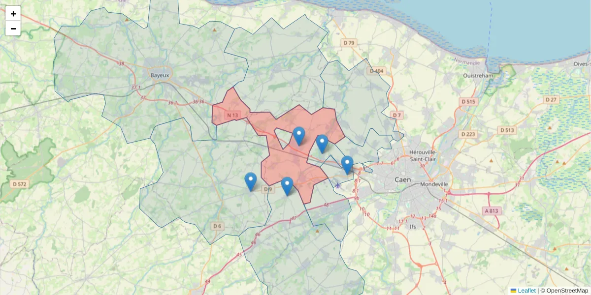 Carte de la zone du code postal  et des codes postaux voisins en France
