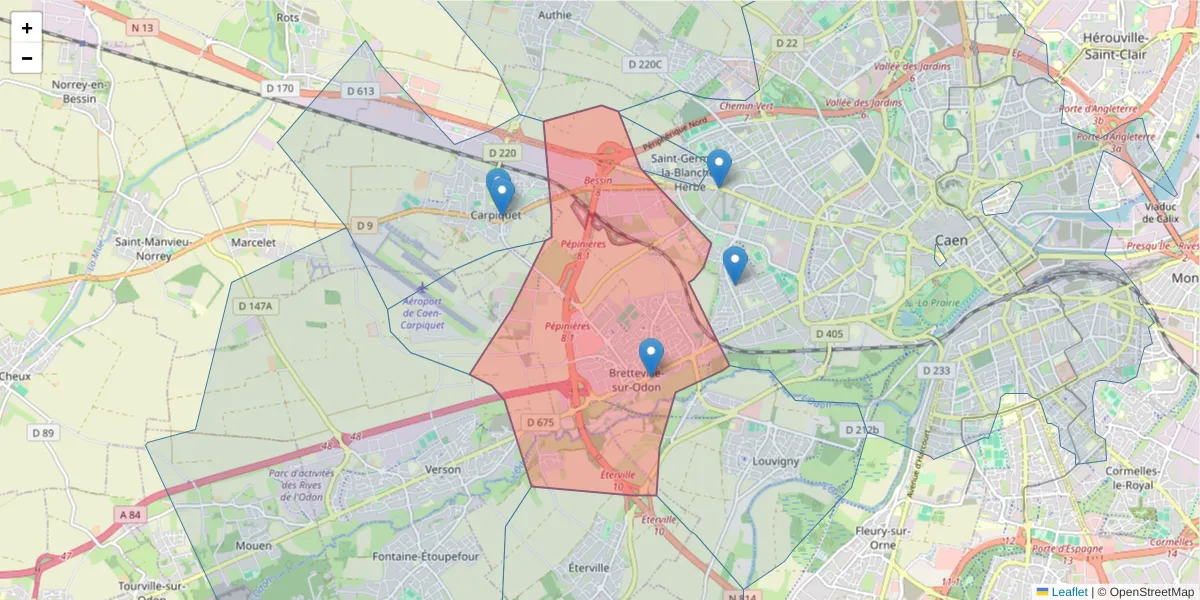 Carte de la zone du code postal  et des codes postaux voisins en France