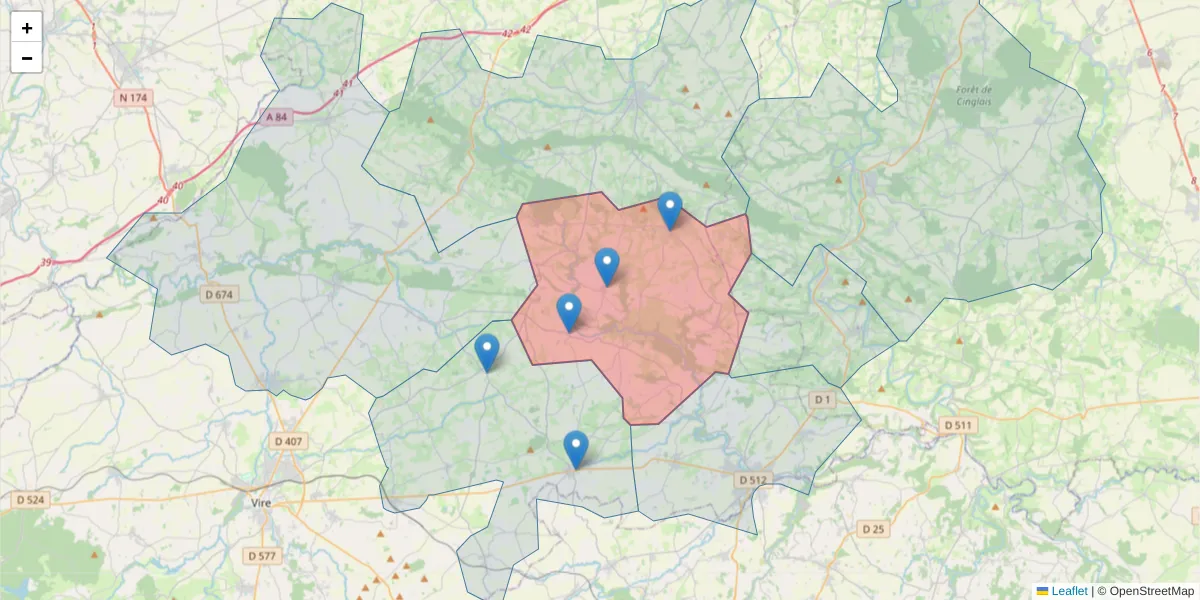 Carte de la zone du code postal  et des codes postaux voisins en France