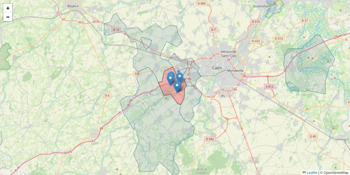 Carte de la zone du code postal  et des codes postaux voisins en France