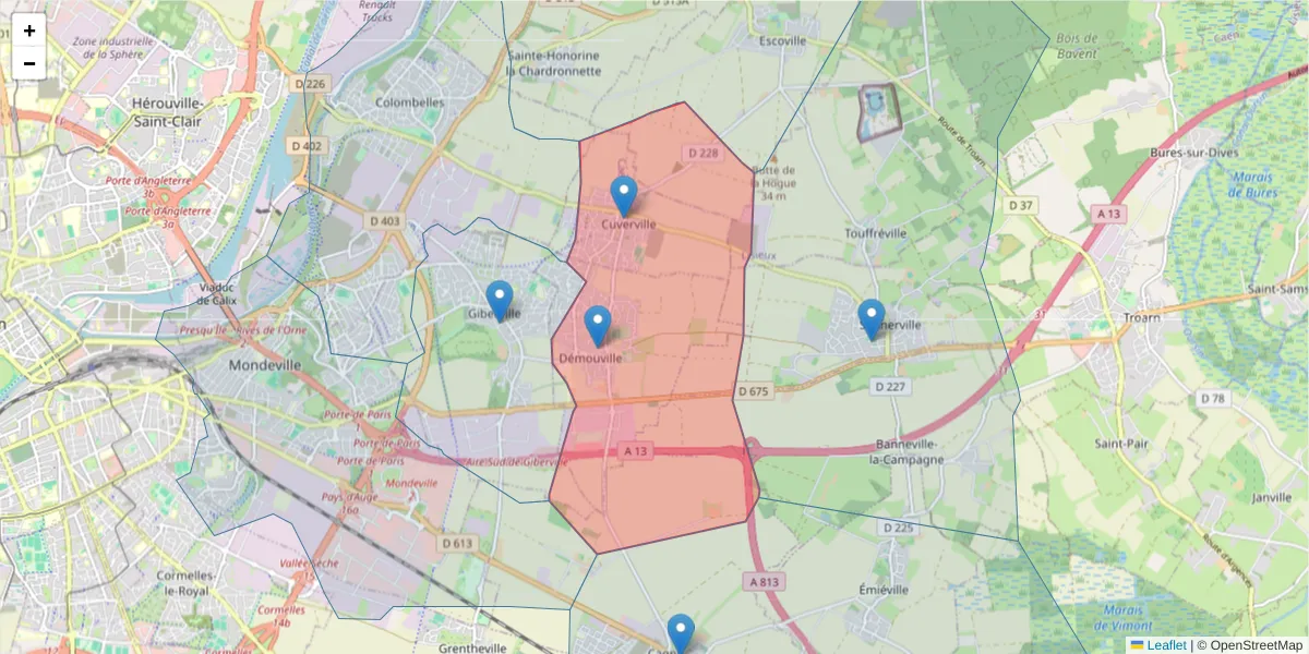 Carte de la zone du code postal  et des codes postaux voisins en France