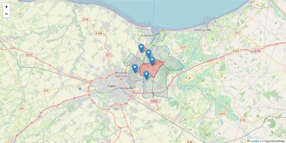 Carte de la zone du code postal  et des codes postaux voisins en France